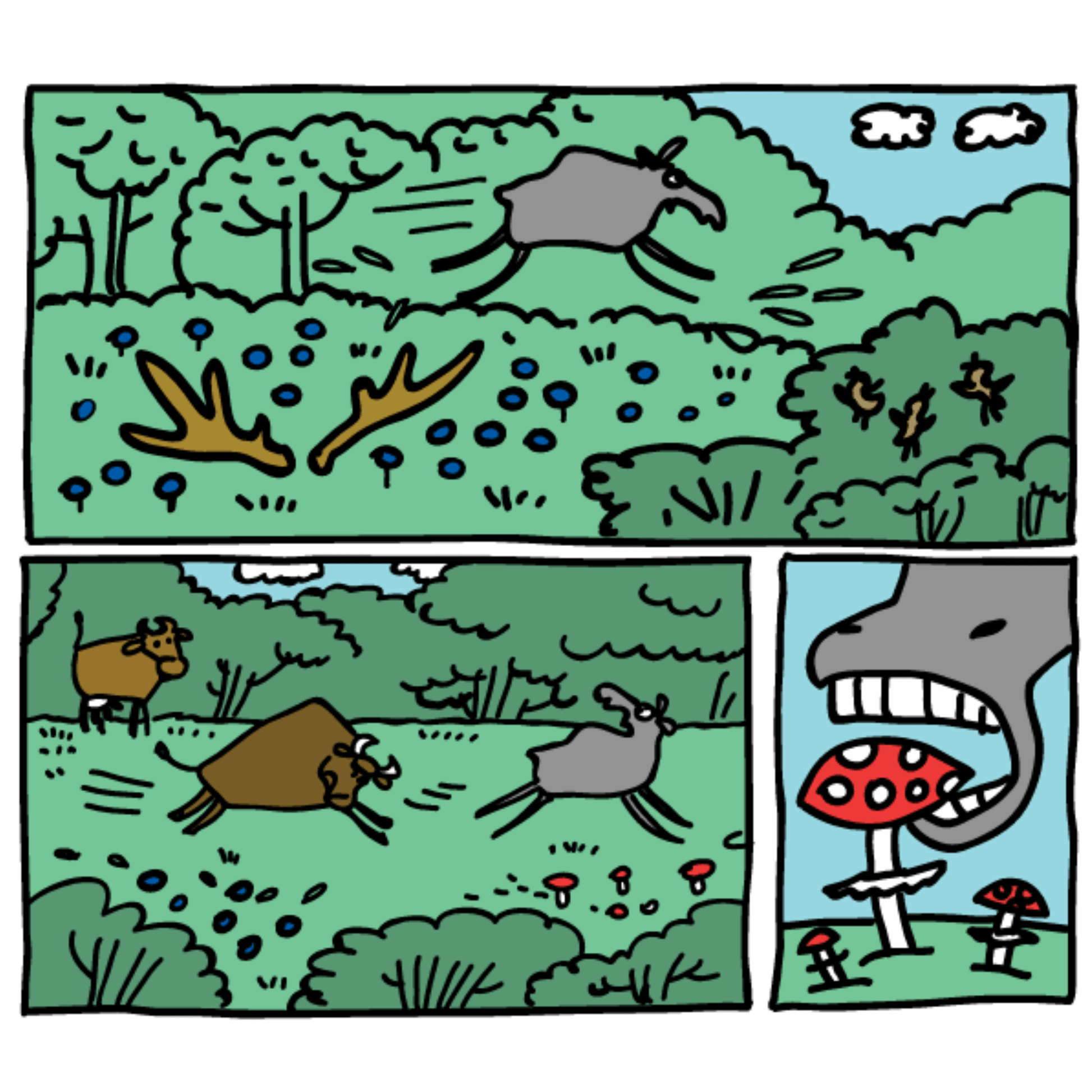 briedziai miske, o vienas valgo musmire