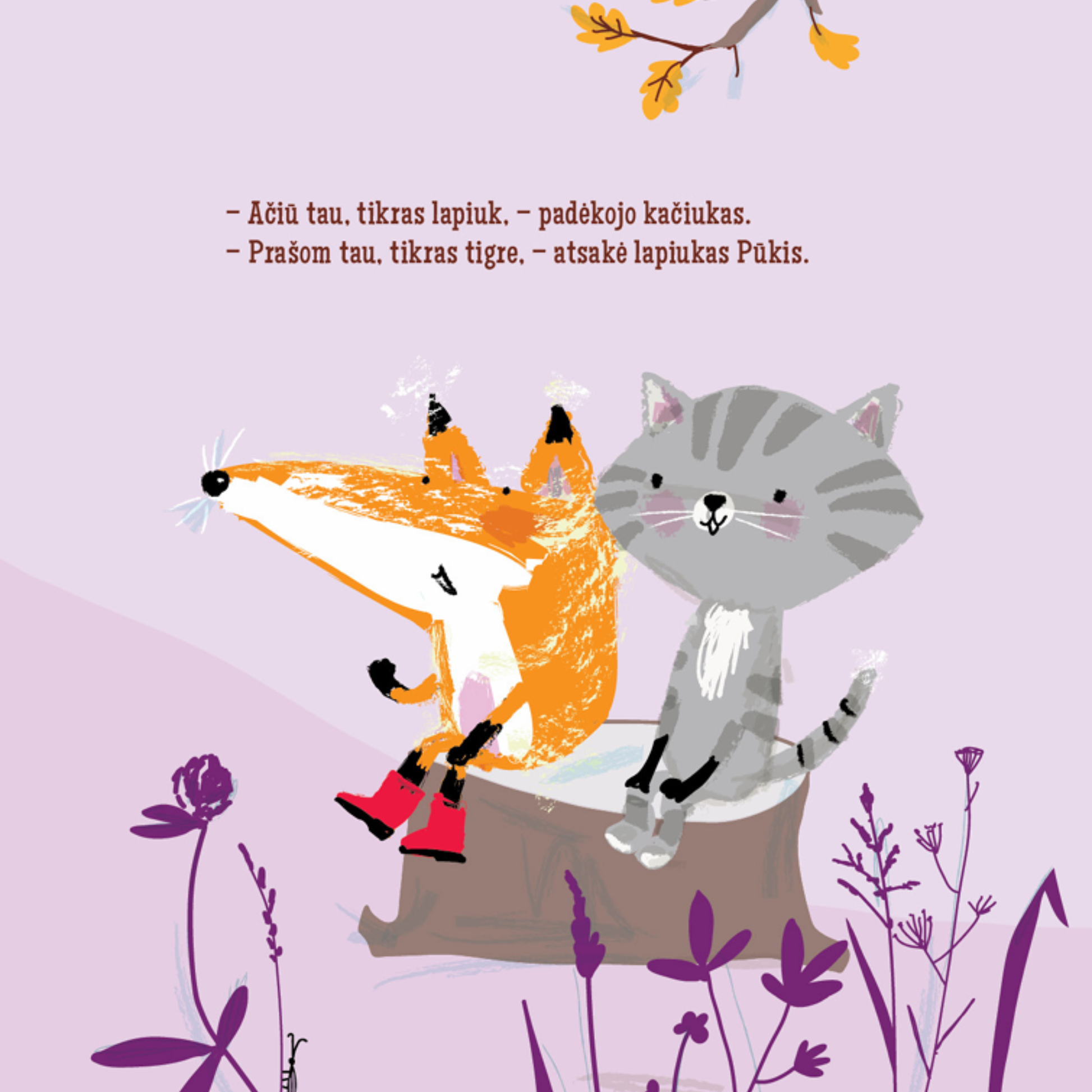 lapiukas ir katinas sedi ant kelmo